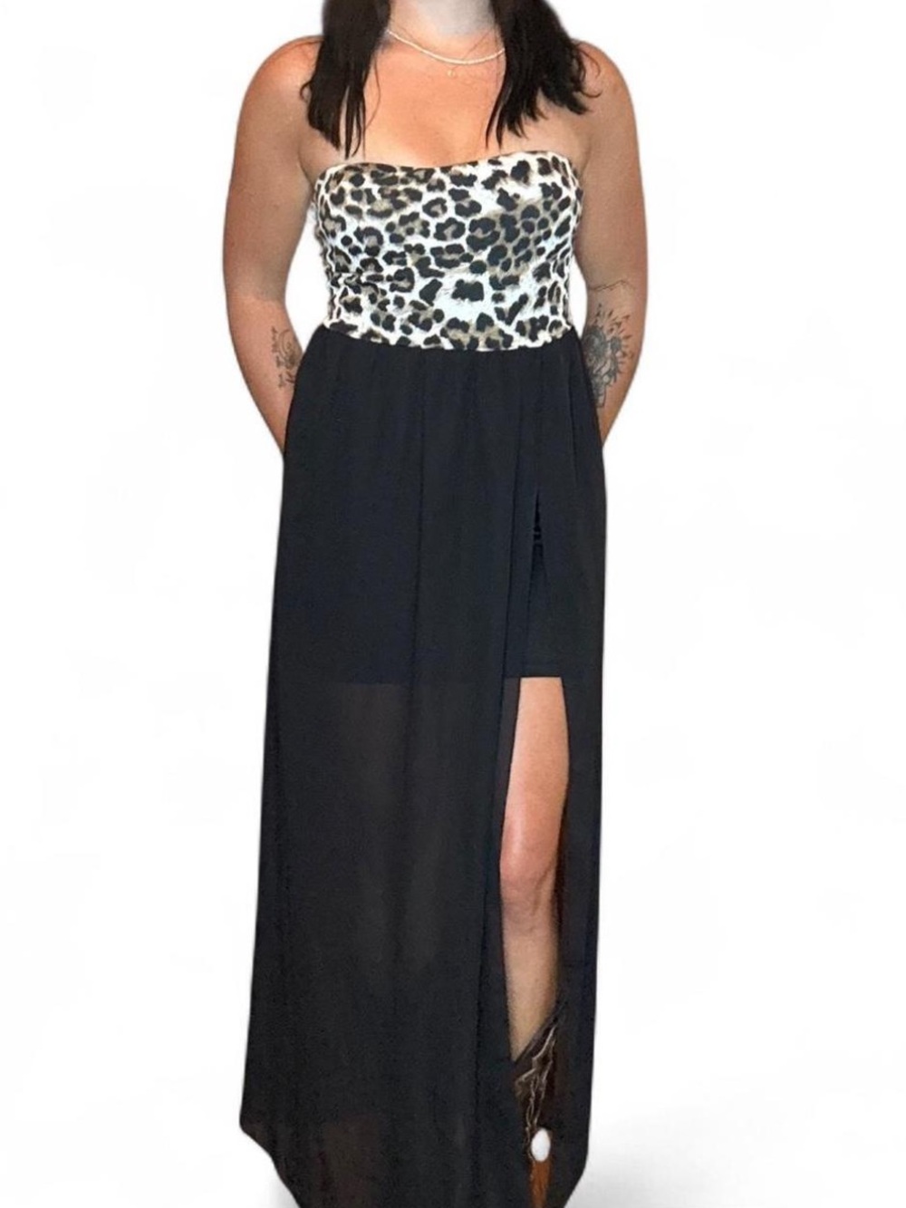 Y2K Strapless Leopard Bust Black Maxi Skirt Dress